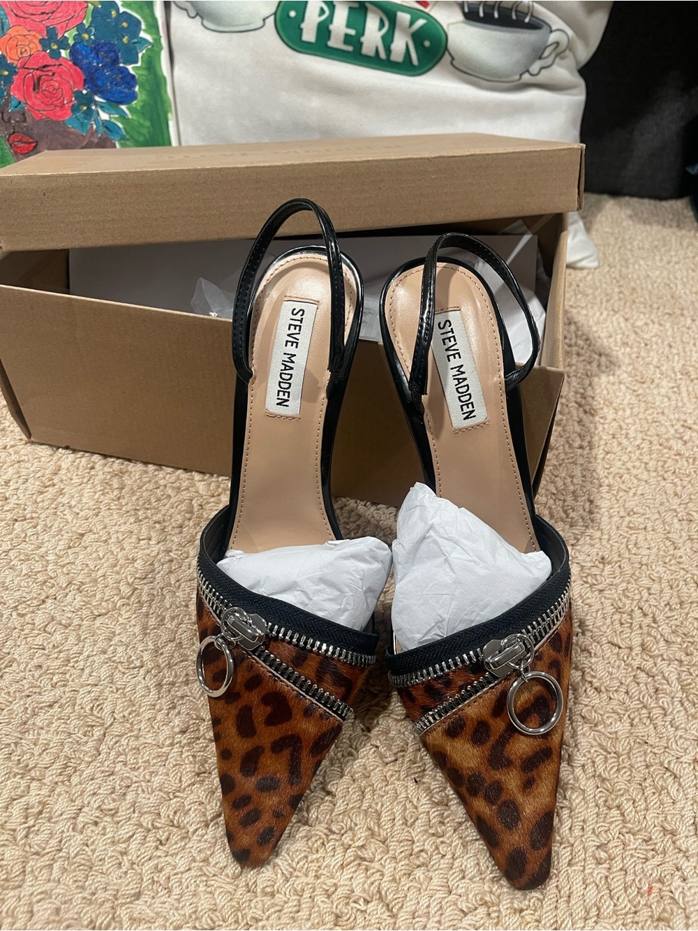 Steve Madden Black Strap Leopard Print Pointed Toe Slingback Heels